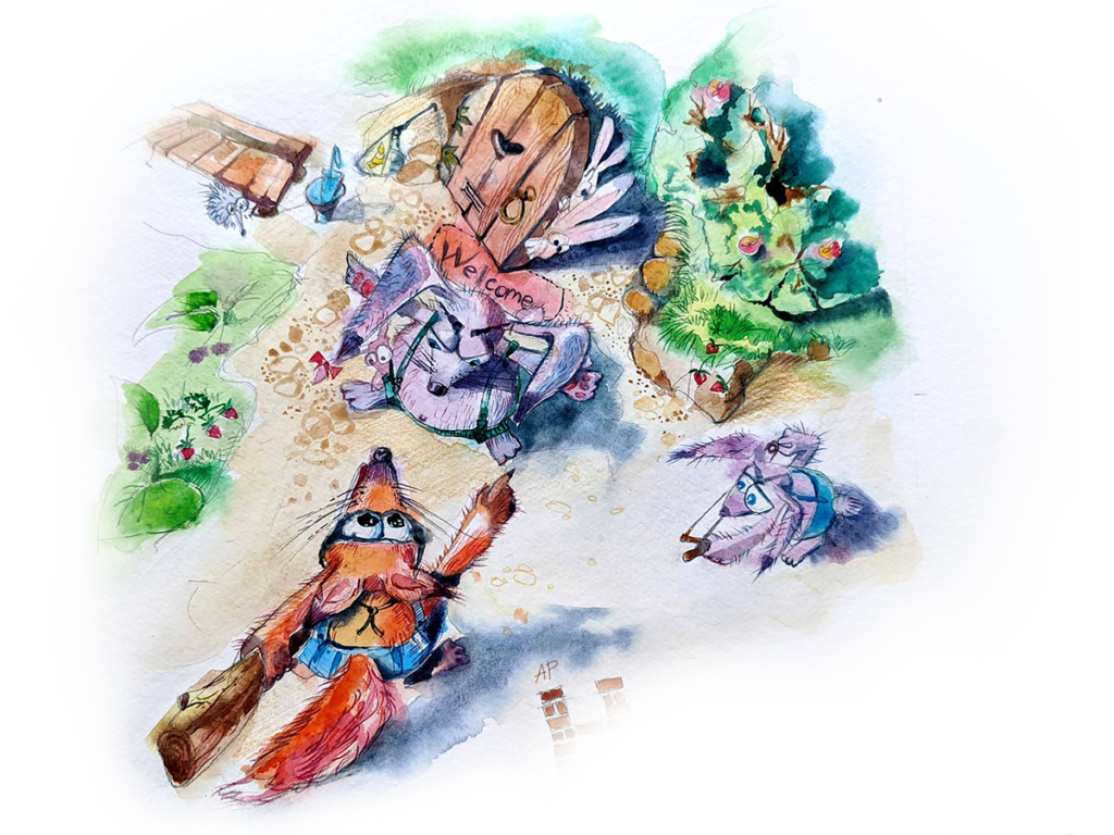 watercolor, fox, rabbits, protect their home